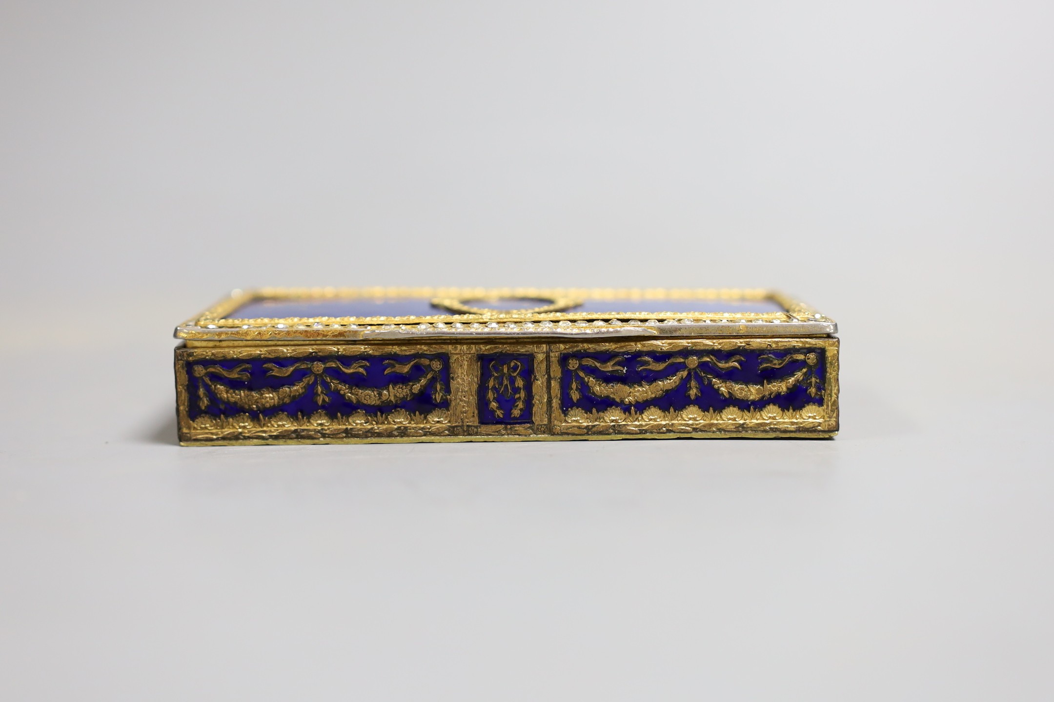 A 19th century decorative French blue enamel and paste box, 10.5cm wide
